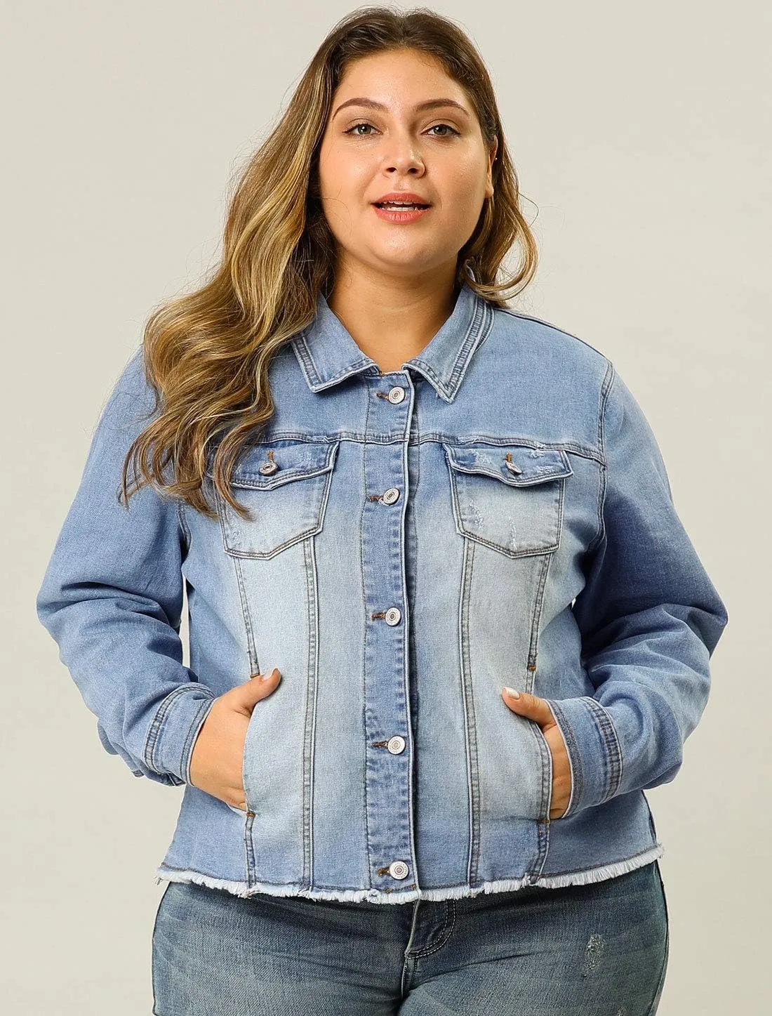 Agnes Orinda Women's Plus Size Classic Washed Front Frayed Denim Jacket