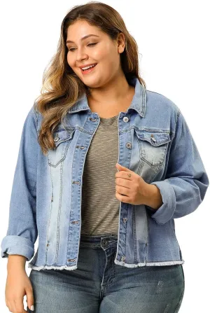 Agnes Orinda Women's Plus Size Classic Washed Front Frayed Denim Jacket
