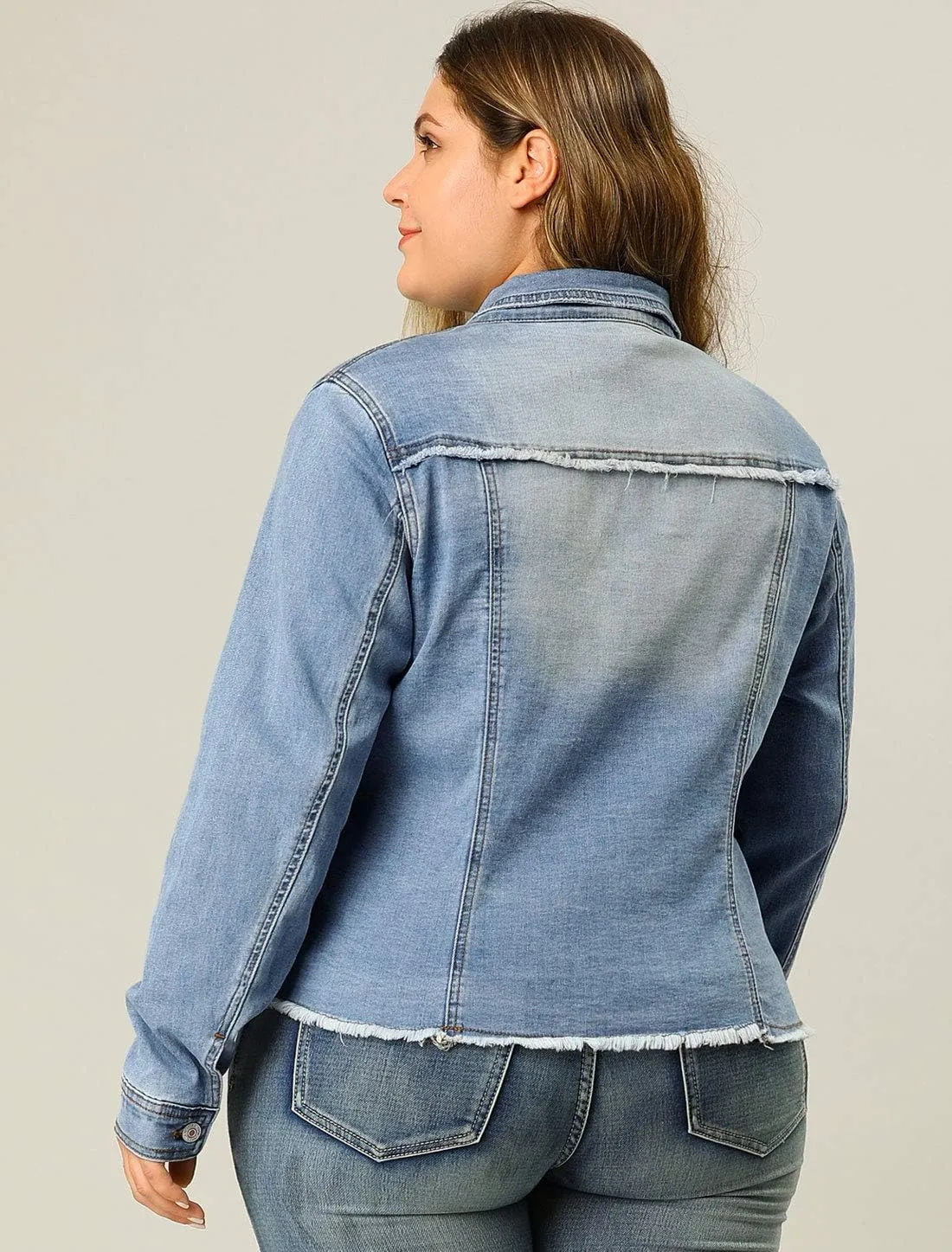 Agnes Orinda Women's Plus Size Classic Washed Front Frayed Denim Jacket