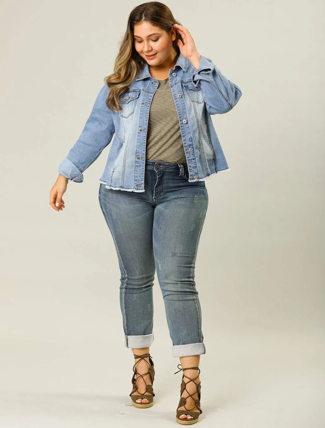 Agnes Orinda Women's Plus Size Classic Washed Front Frayed Denim Jacket