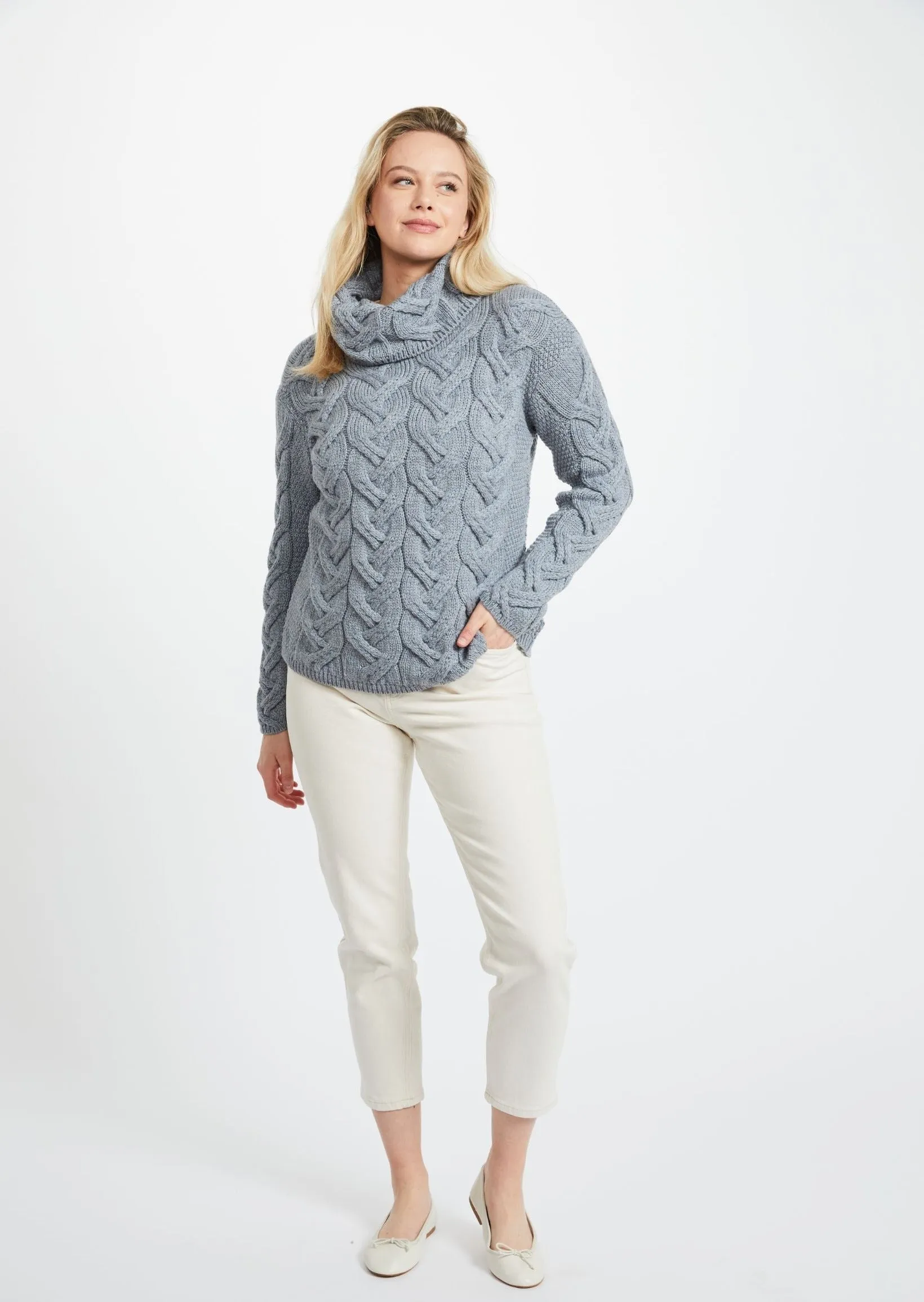 Aran Cowl Neck Chunky Sweater | Ocean Grey