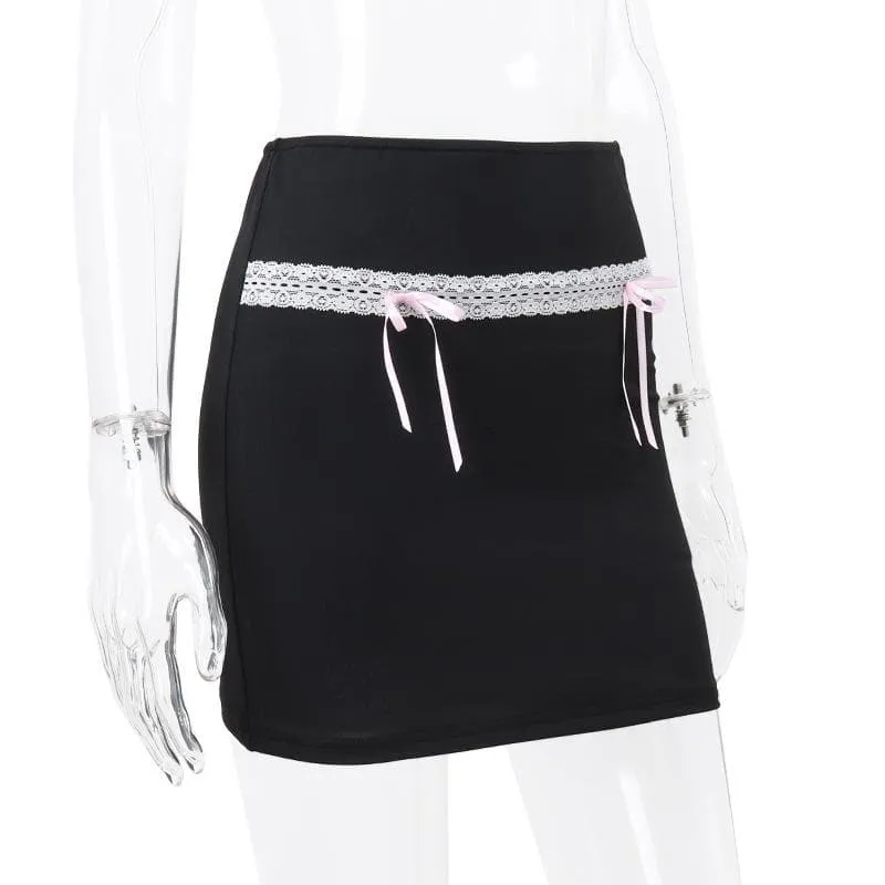 Bowknot lace hem ribbon A line contrast mini skirt