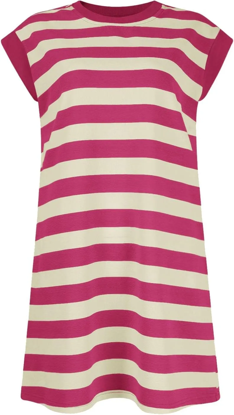 Casual Summer Dresses for Women 2025,Summer Striped Tshirt Short Dress Loose Cap Sleeves Round Neck Tshirt Beach Dresses