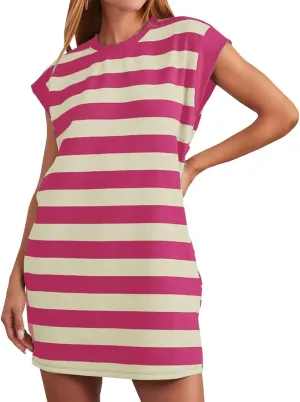 Casual Summer Dresses for Women 2025,Summer Striped Tshirt Short Dress Loose Cap Sleeves Round Neck Tshirt Beach Dresses