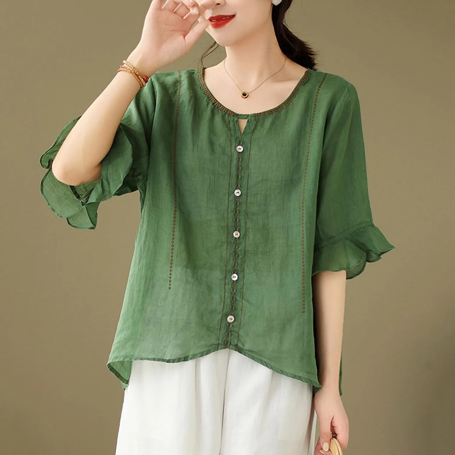 Cotton Linen Shirts for Women Round Neck Ruffle Half Sleeve Blouse Vintage Solid Loose Button Up Shirts Summer Clothes