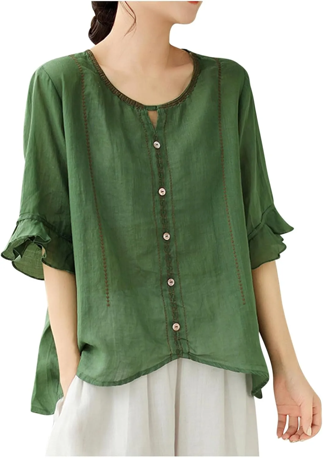 Cotton Linen Shirts for Women Round Neck Ruffle Half Sleeve Blouse Vintage Solid Loose Button Up Shirts Summer Clothes