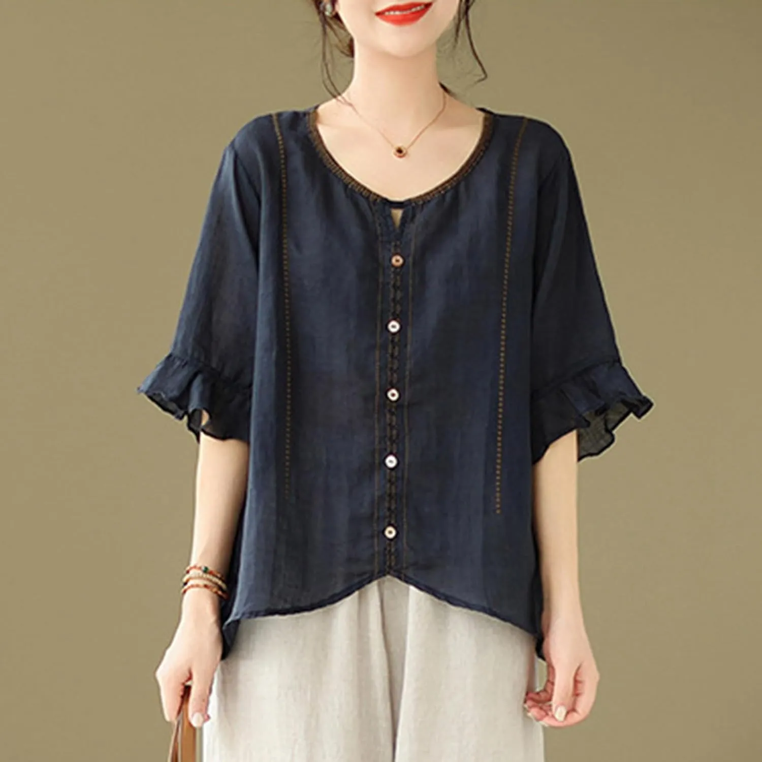Cotton Linen Shirts for Women Round Neck Ruffle Half Sleeve Blouse Vintage Solid Loose Button Up Shirts Summer Clothes