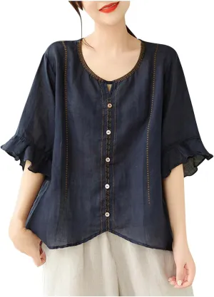 Cotton Linen Shirts for Women Round Neck Ruffle Half Sleeve Blouse Vintage Solid Loose Button Up Shirts Summer Clothes