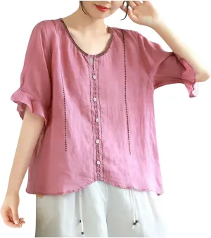 Cotton Linen Shirts for Women Round Neck Ruffle Half Sleeve Blouse Vintage Solid Loose Button Up Shirts Summer Clothes