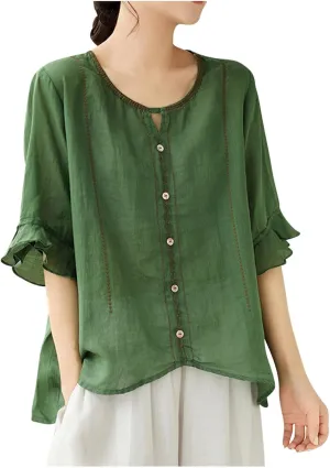 Cotton Linen Shirts for Women Round Neck Ruffle Half Sleeve Blouse Vintage Solid Loose Button Up Shirts Summer Clothes
