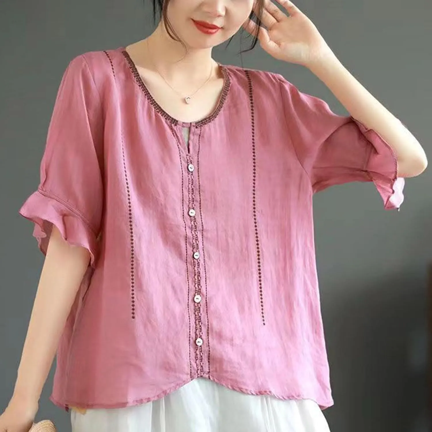 Cotton Linen Shirts for Women Round Neck Ruffle Half Sleeve Blouse Vintage Solid Loose Button Up Shirts Summer Clothes