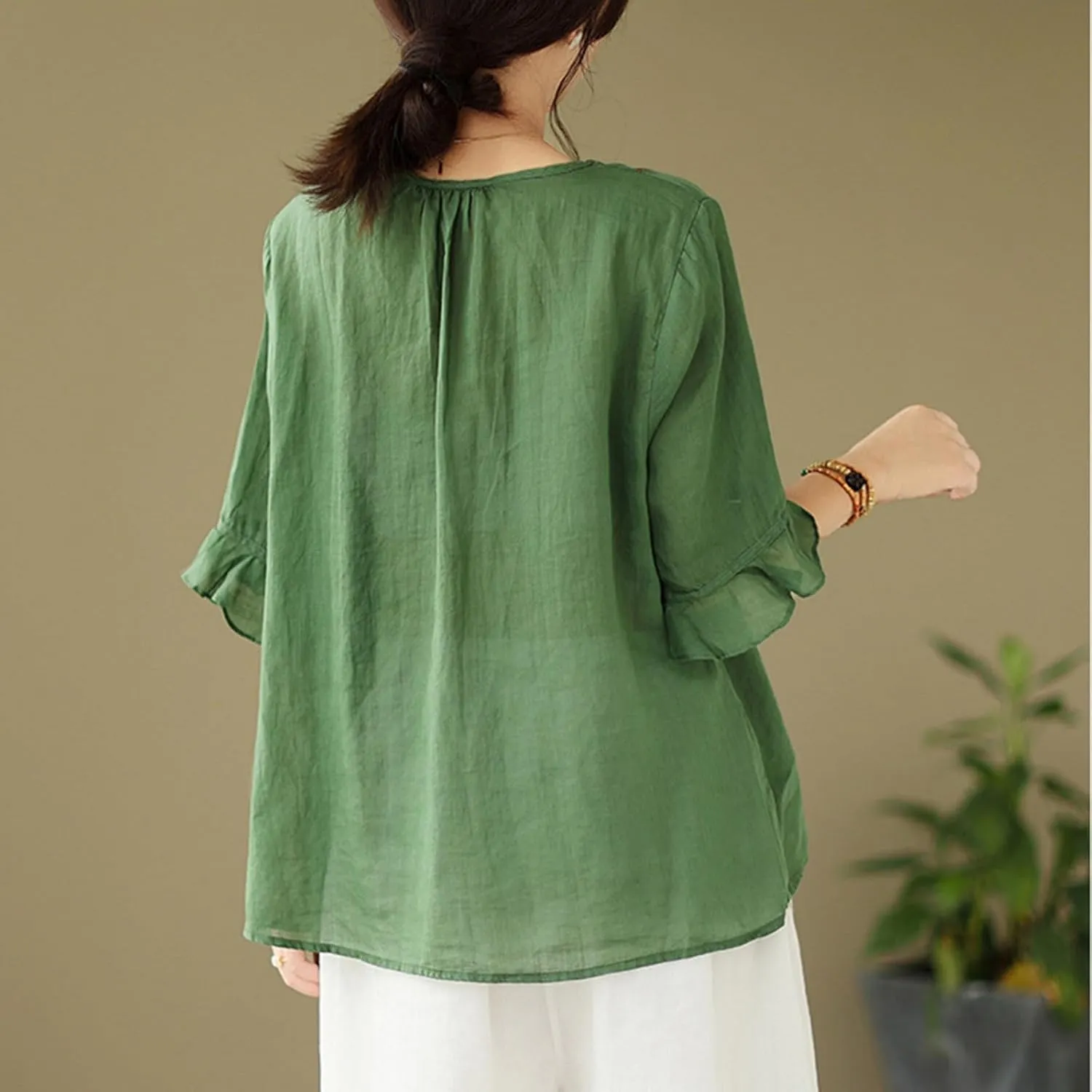 Cotton Linen Shirts for Women Round Neck Ruffle Half Sleeve Blouse Vintage Solid Loose Button Up Shirts Summer Clothes