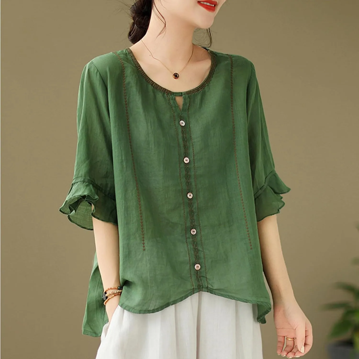 Cotton Linen Shirts for Women Round Neck Ruffle Half Sleeve Blouse Vintage Solid Loose Button Up Shirts Summer Clothes