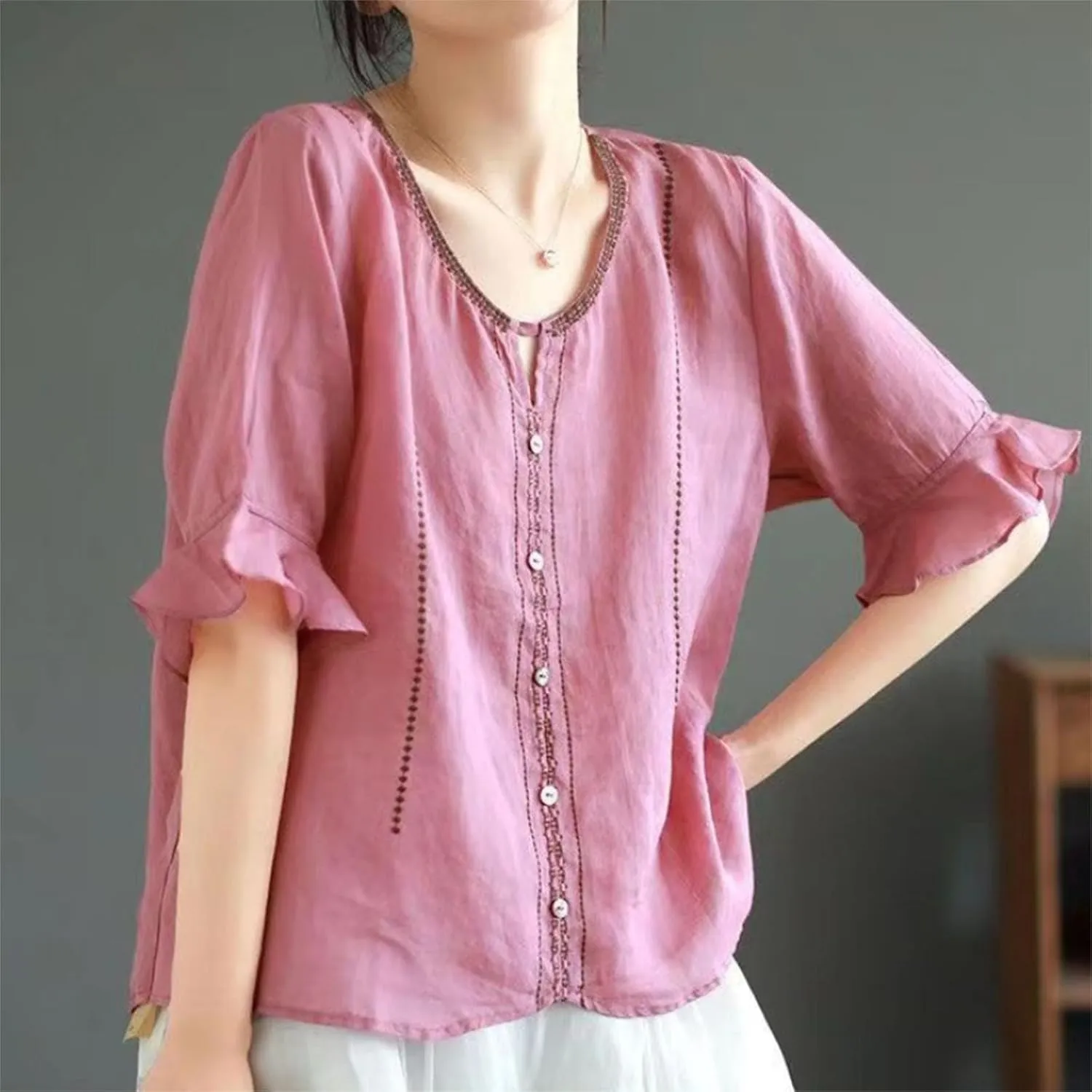 Cotton Linen Shirts for Women Round Neck Ruffle Half Sleeve Blouse Vintage Solid Loose Button Up Shirts Summer Clothes