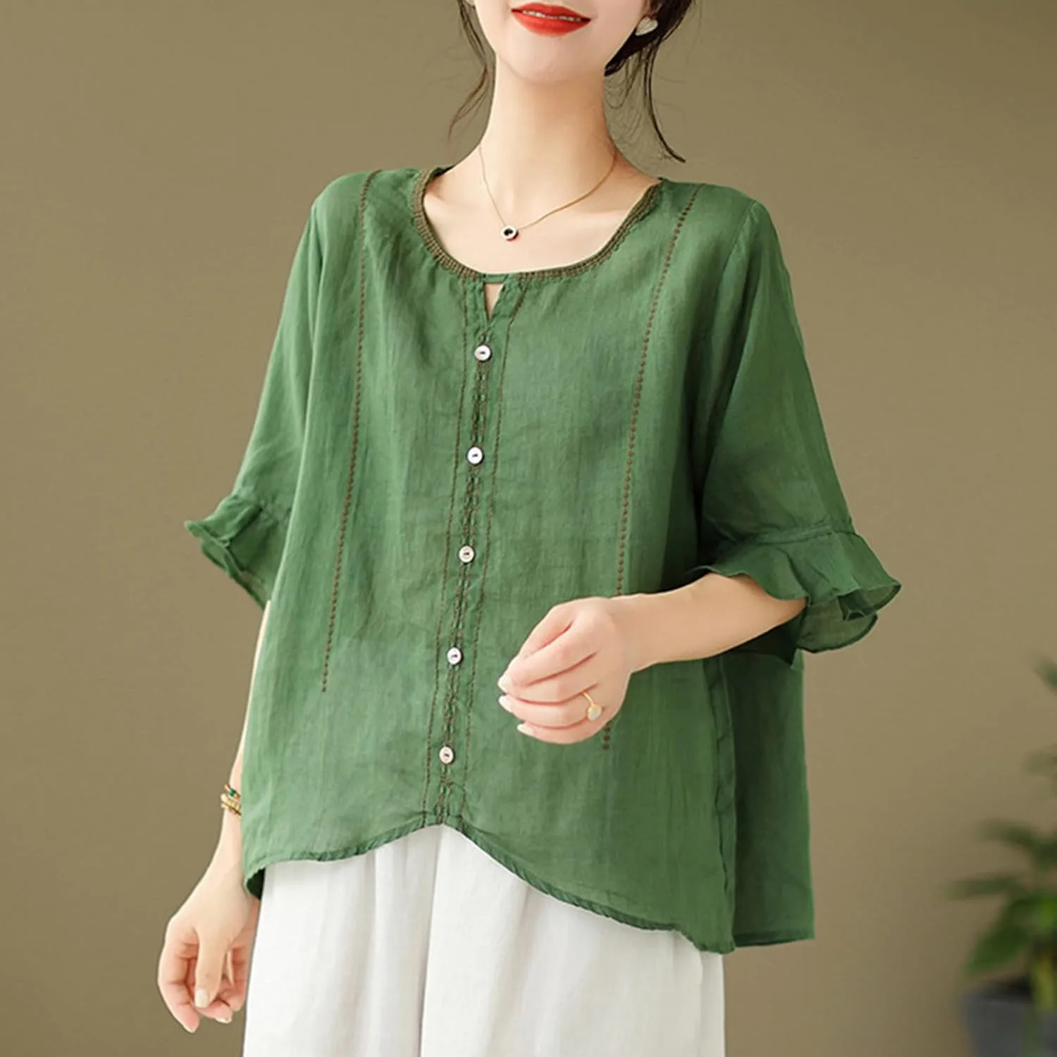 Cotton Linen Shirts for Women Round Neck Ruffle Half Sleeve Blouse Vintage Solid Loose Button Up Shirts Summer Clothes