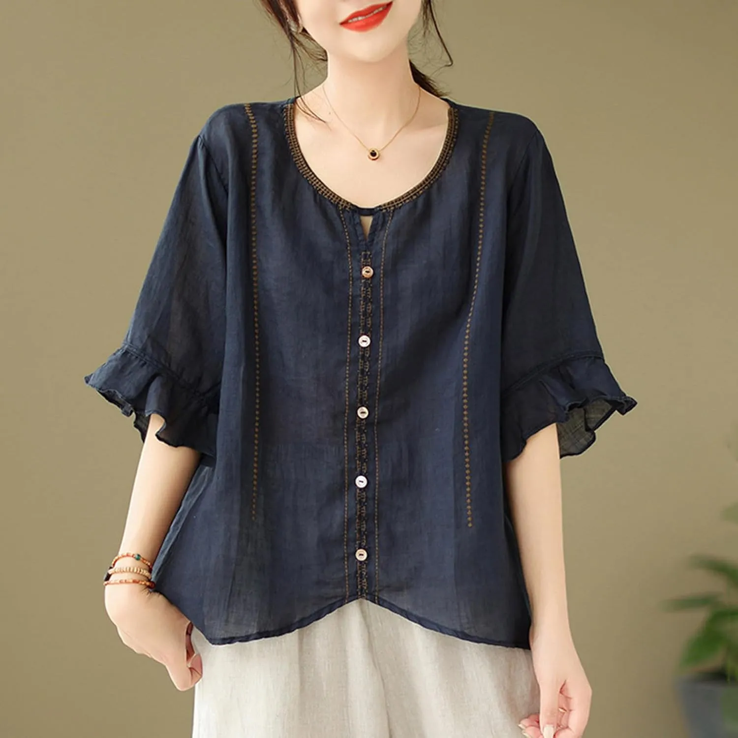 Cotton Linen Shirts for Women Round Neck Ruffle Half Sleeve Blouse Vintage Solid Loose Button Up Shirts Summer Clothes