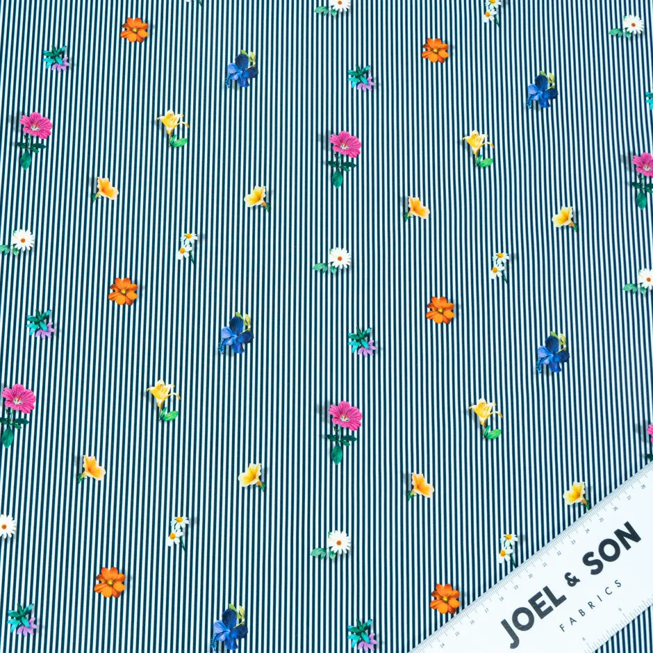 Floral Printed Navy Blue Striped Pure Cotton