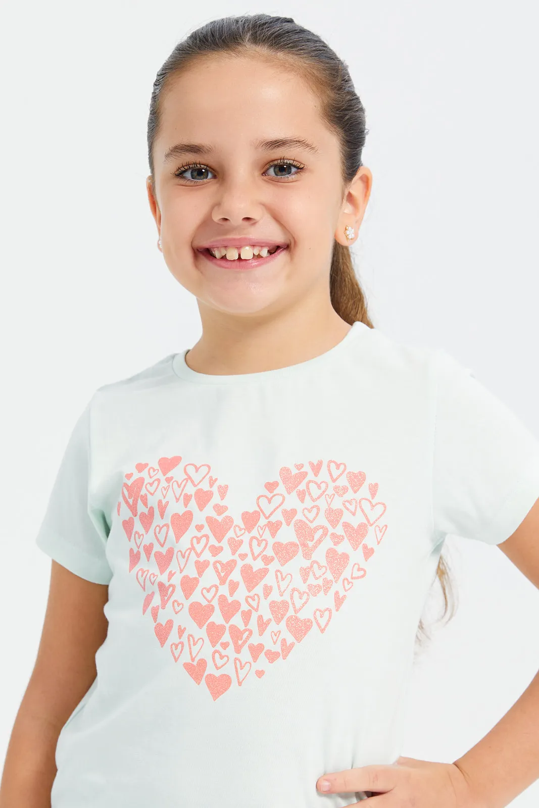 Girls Mint Heart Printed T-Shirt