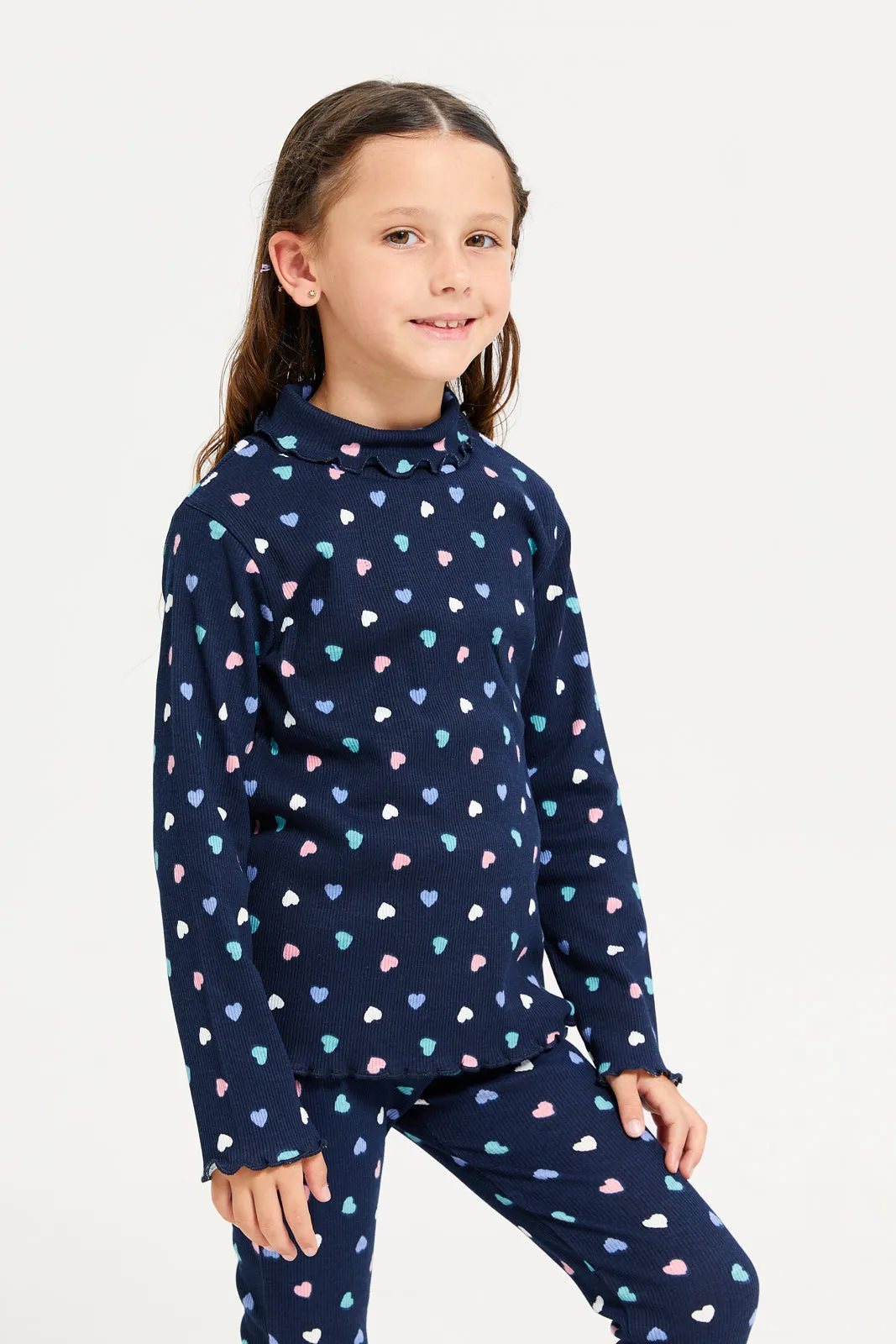 Girls Navy Heart Printed T-Shirt