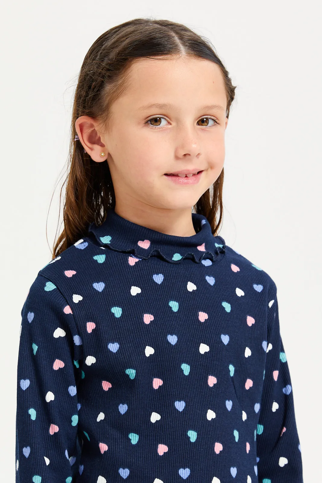 Girls Navy Heart Printed T-Shirt