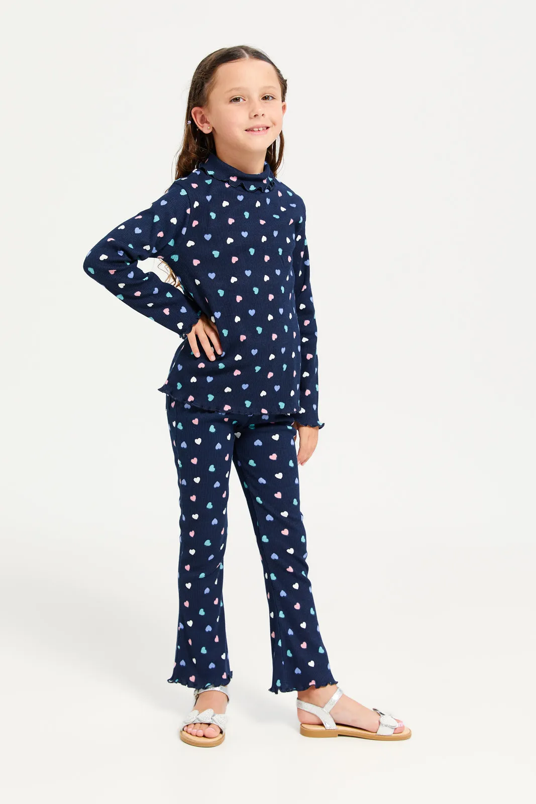 Girls Navy Heart Printed T-Shirt