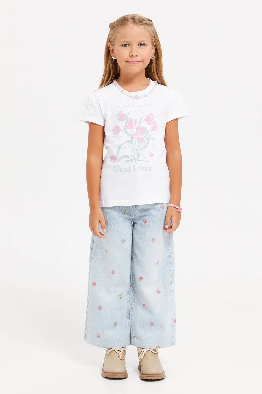 Girls White Flower Printed T-Shirt