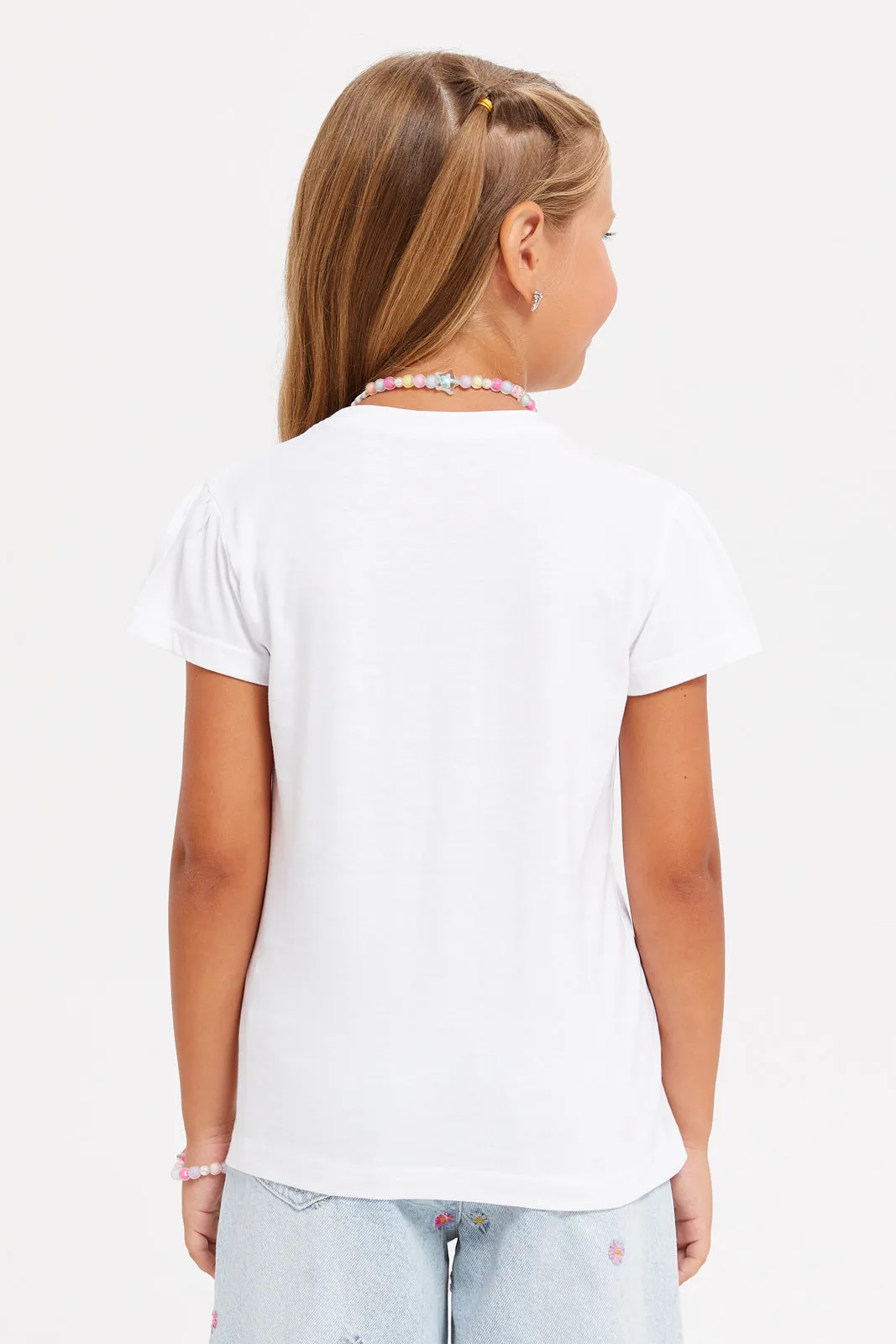Girls White Flower Printed T-Shirt