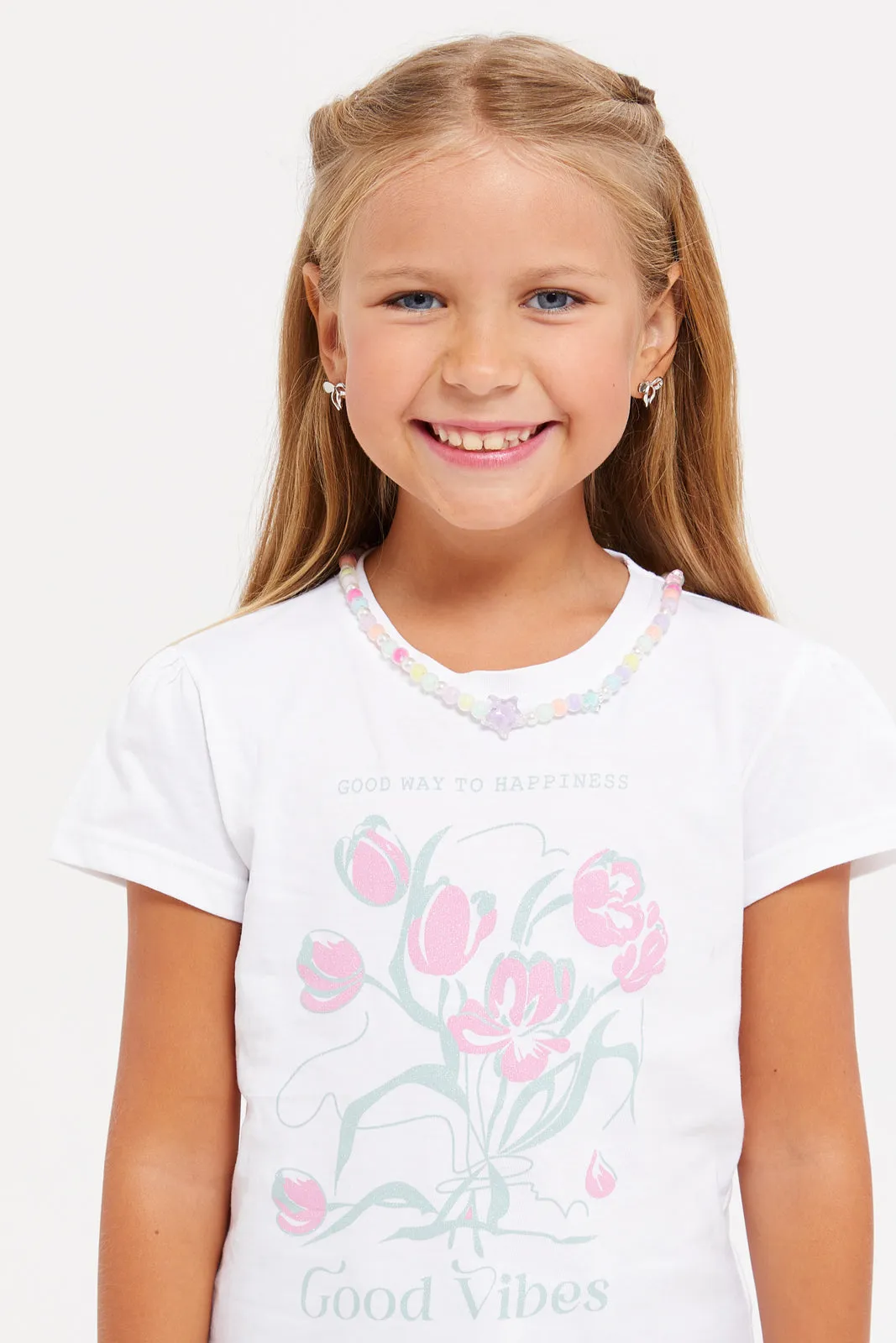 Girls White Flower Printed T-Shirt