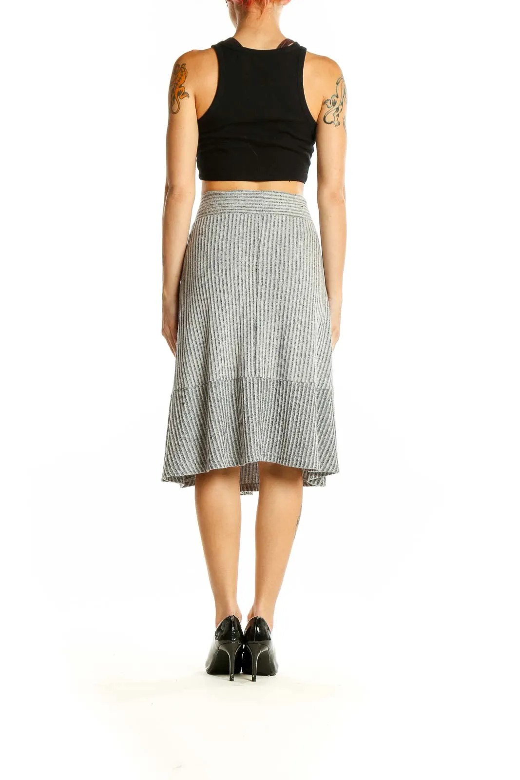 Gray Ribbed A-Line Midi Skirt