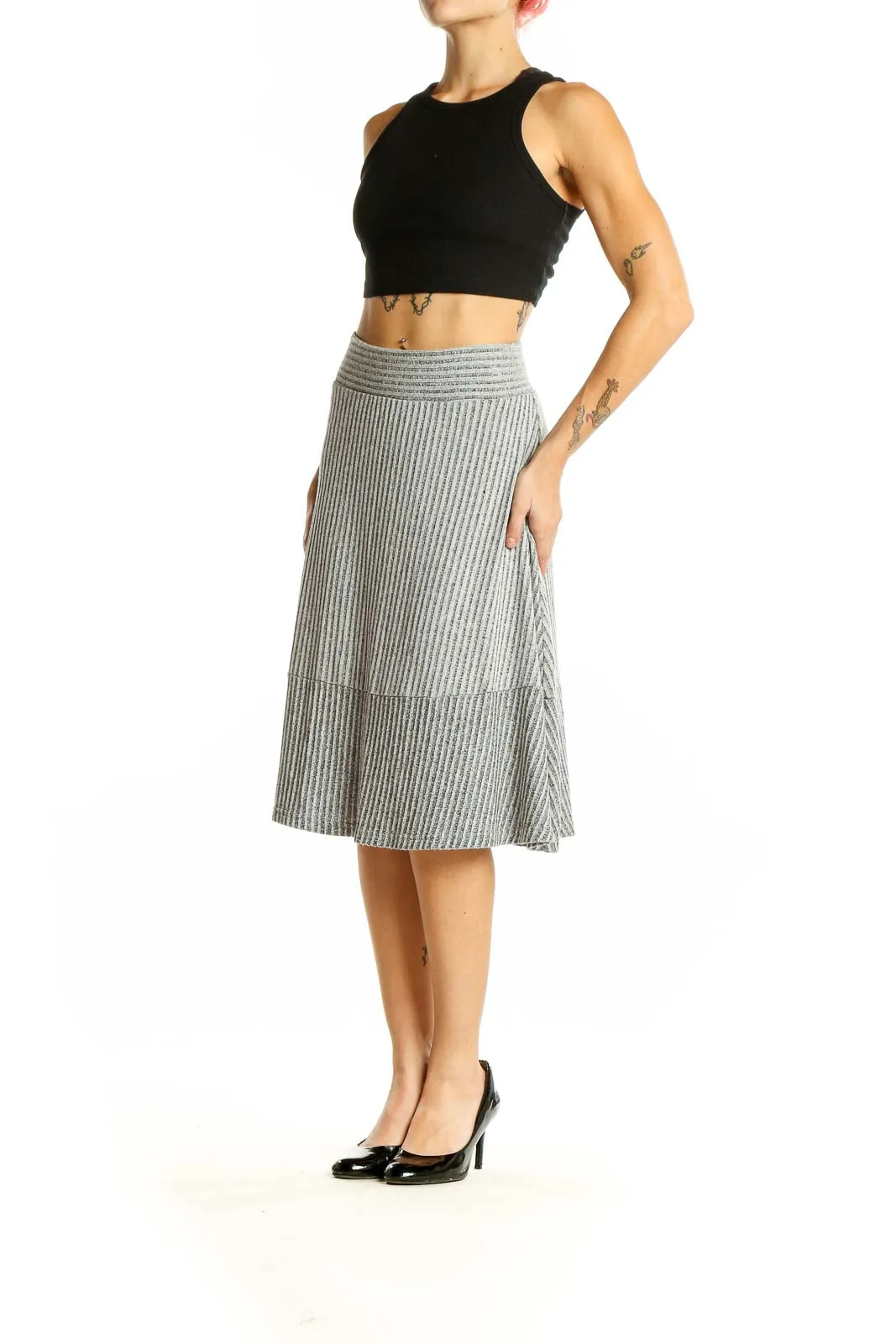 Gray Ribbed A-Line Midi Skirt