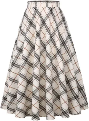 IDEALSANXUN Womens Plaid Skirt Elastic Waist A-line Midi Pleated Skirts