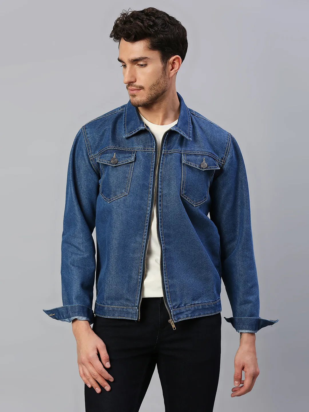 Men's Regular Fit Long Sleeve Zipper Front Denim Jacket Lightweight Zip Up Trucker Jacket (Indigo)