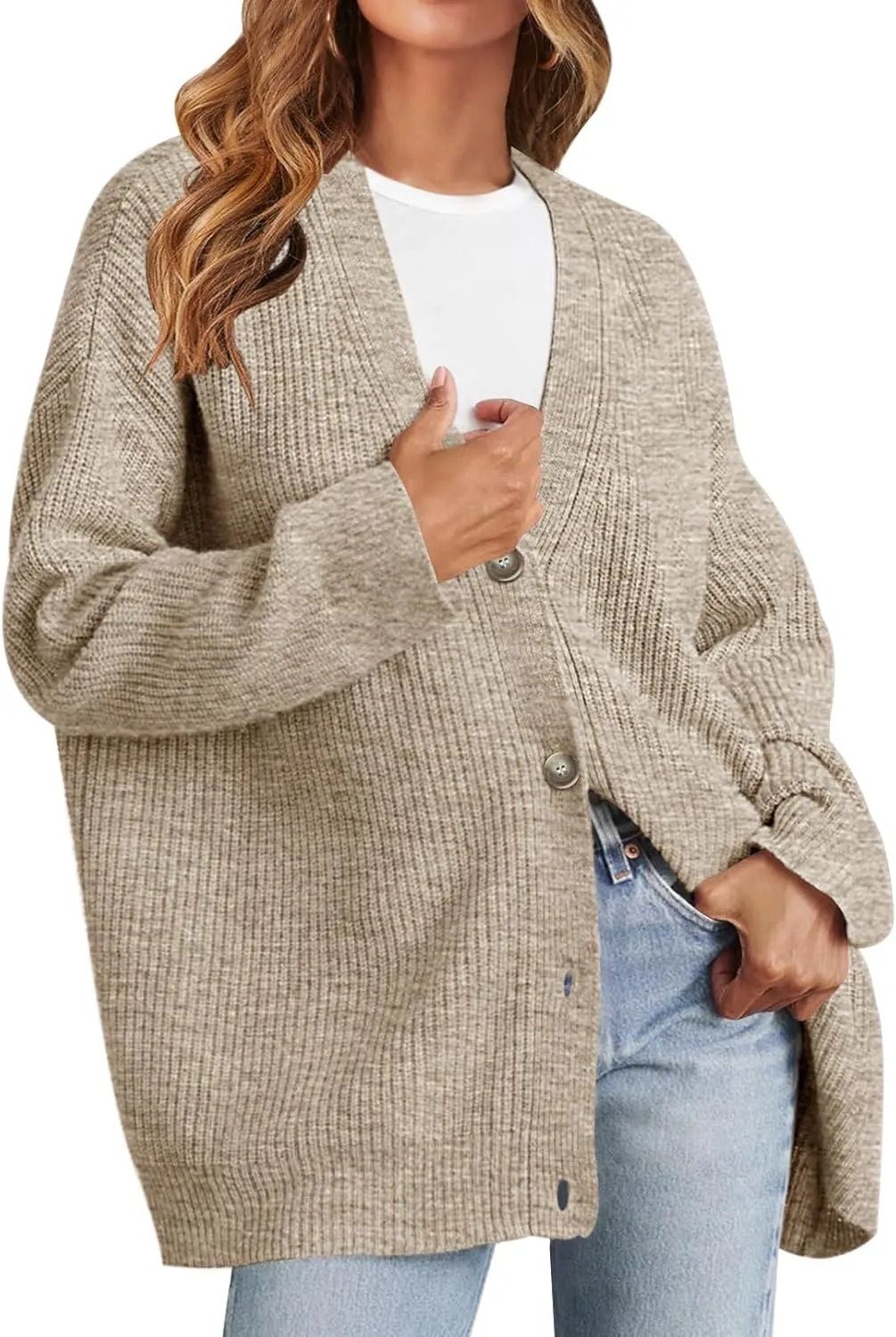 MEROKEETY Women's Cardigan Sweaters 2025 Fall Open Front Oversized Button V Neck Loose Soft Knit Outwear