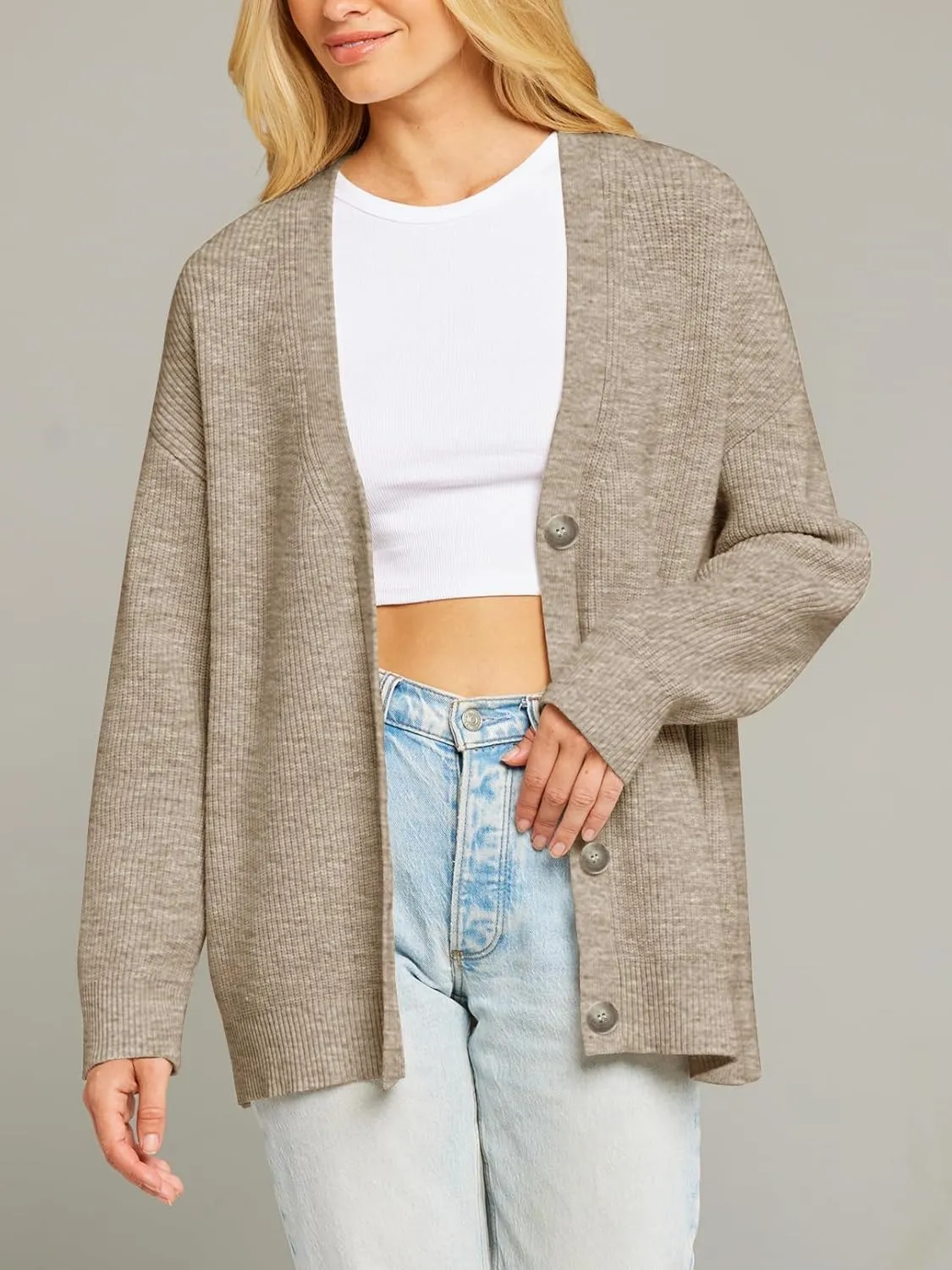 MEROKEETY Women's Cardigan Sweaters 2025 Fall Open Front Oversized Button V Neck Loose Soft Knit Outwear