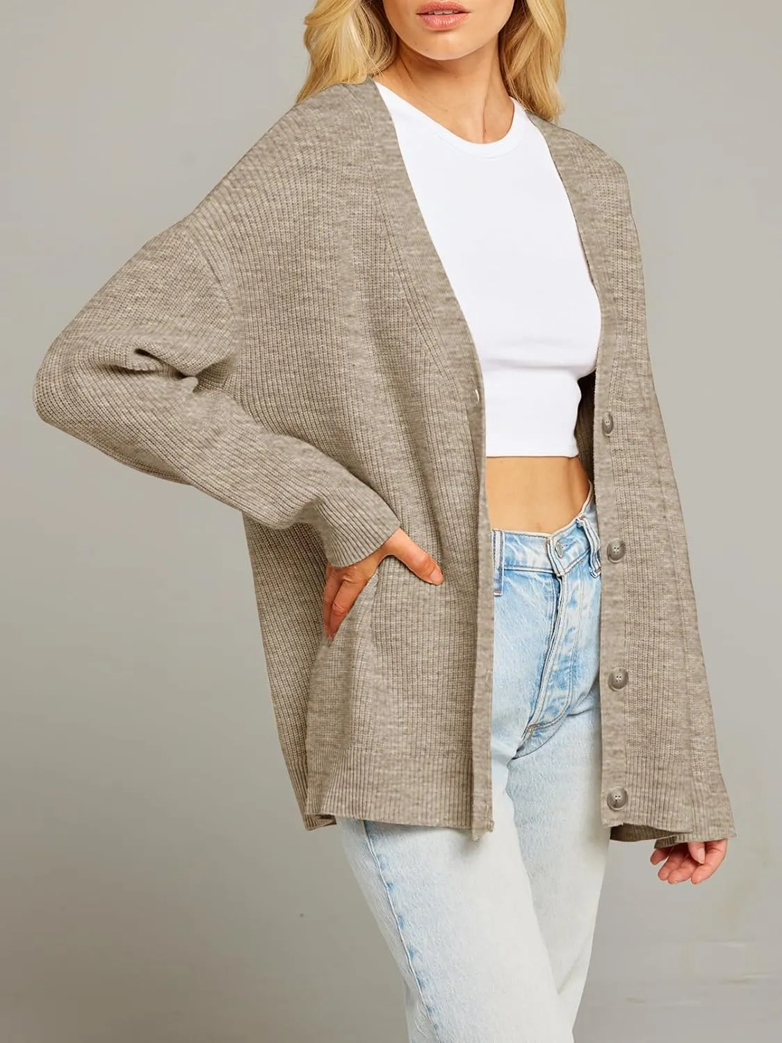 MEROKEETY Women's Cardigan Sweaters 2025 Fall Open Front Oversized Button V Neck Loose Soft Knit Outwear
