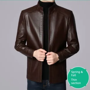 Middle-Aged and Elderly Fleece-lined Winter Reverse Collar Dad Leather Coat