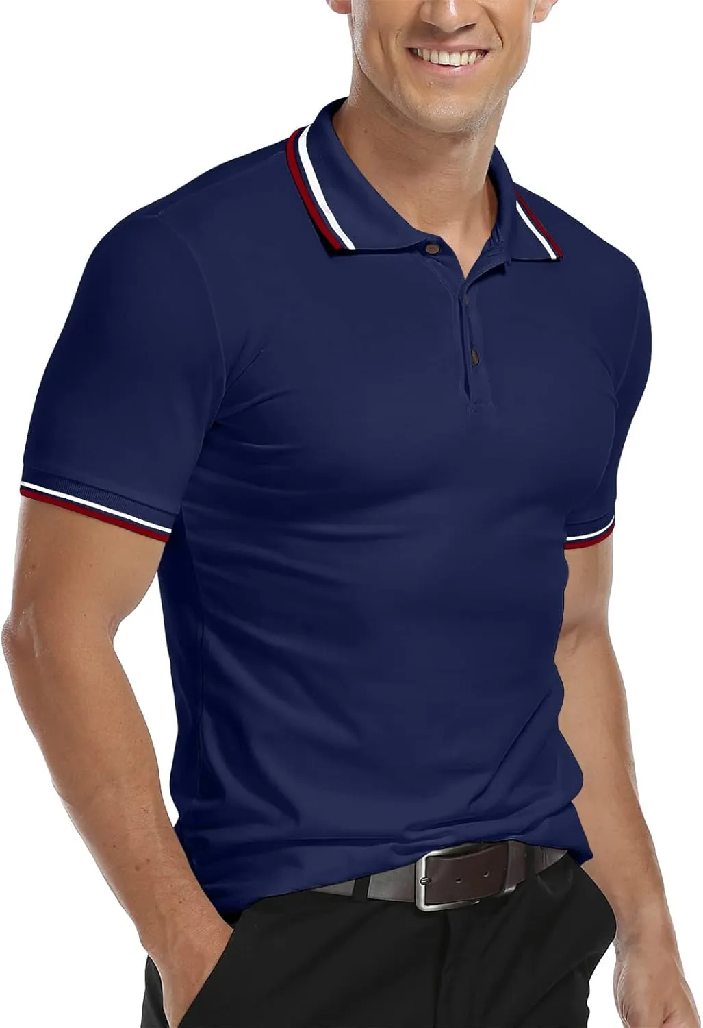 MLANM Men's Polo Regular-Fit Quick-Dry Golf Striped Short Sleeve Collared T-Shirts