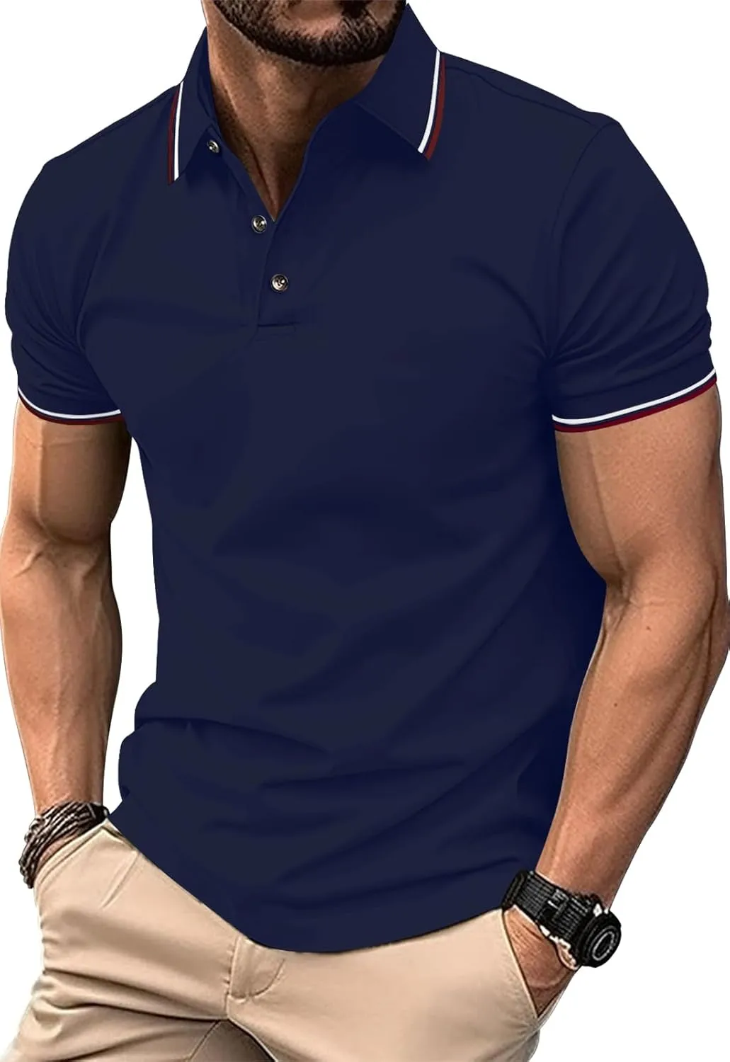 MLANM Men's Polo Regular-Fit Quick-Dry Golf Striped Short Sleeve Collared T-Shirts