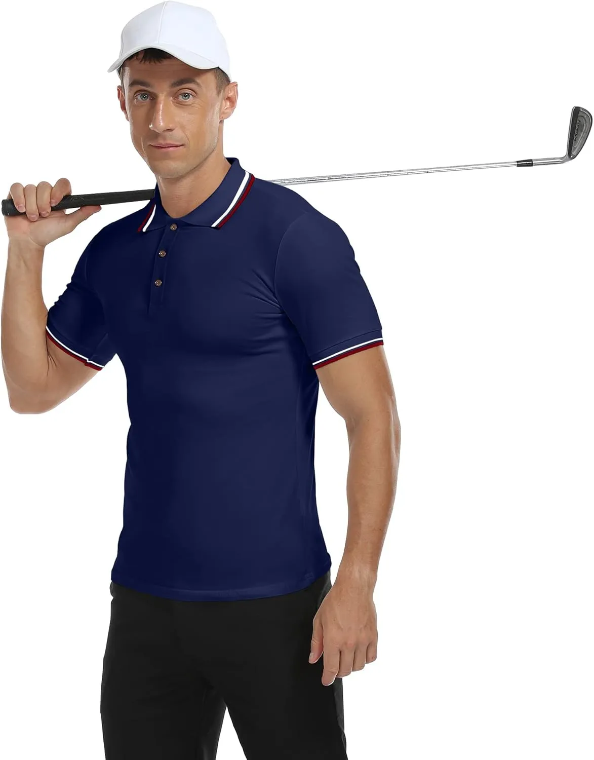 MLANM Men's Polo Regular-Fit Quick-Dry Golf Striped Short Sleeve Collared T-Shirts