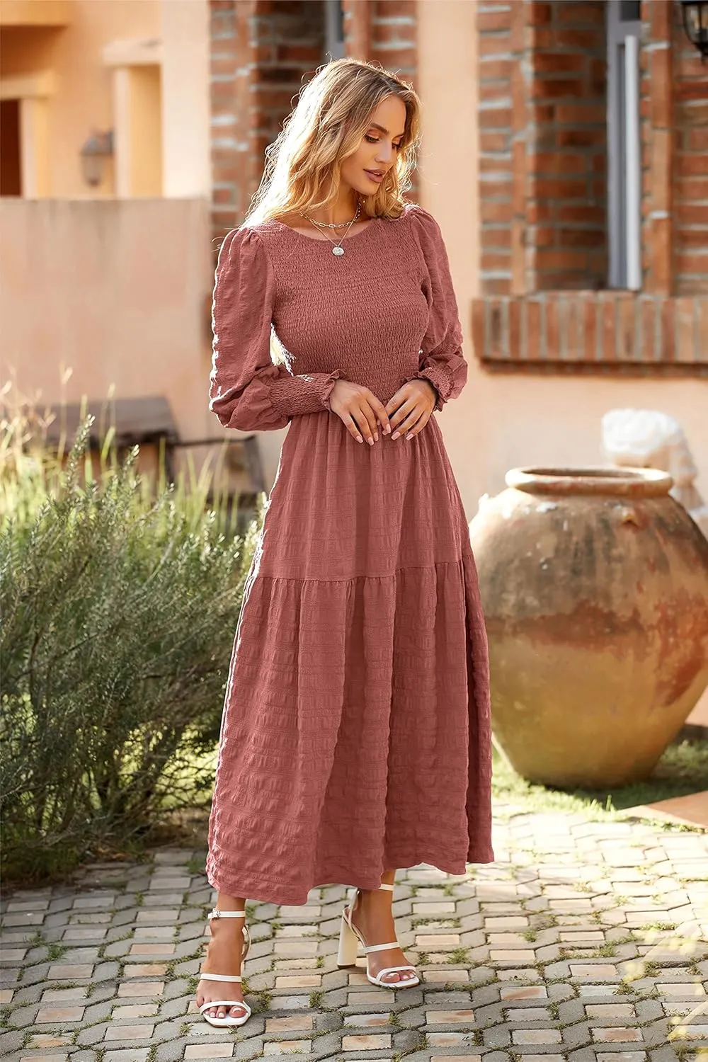 PRETTYGARDEN Women 2025 Spring Puff Long Sleeve Crewneck Smocked Maxi Dress Empire Waist Tiered A-line Swing Flowy Long Dress