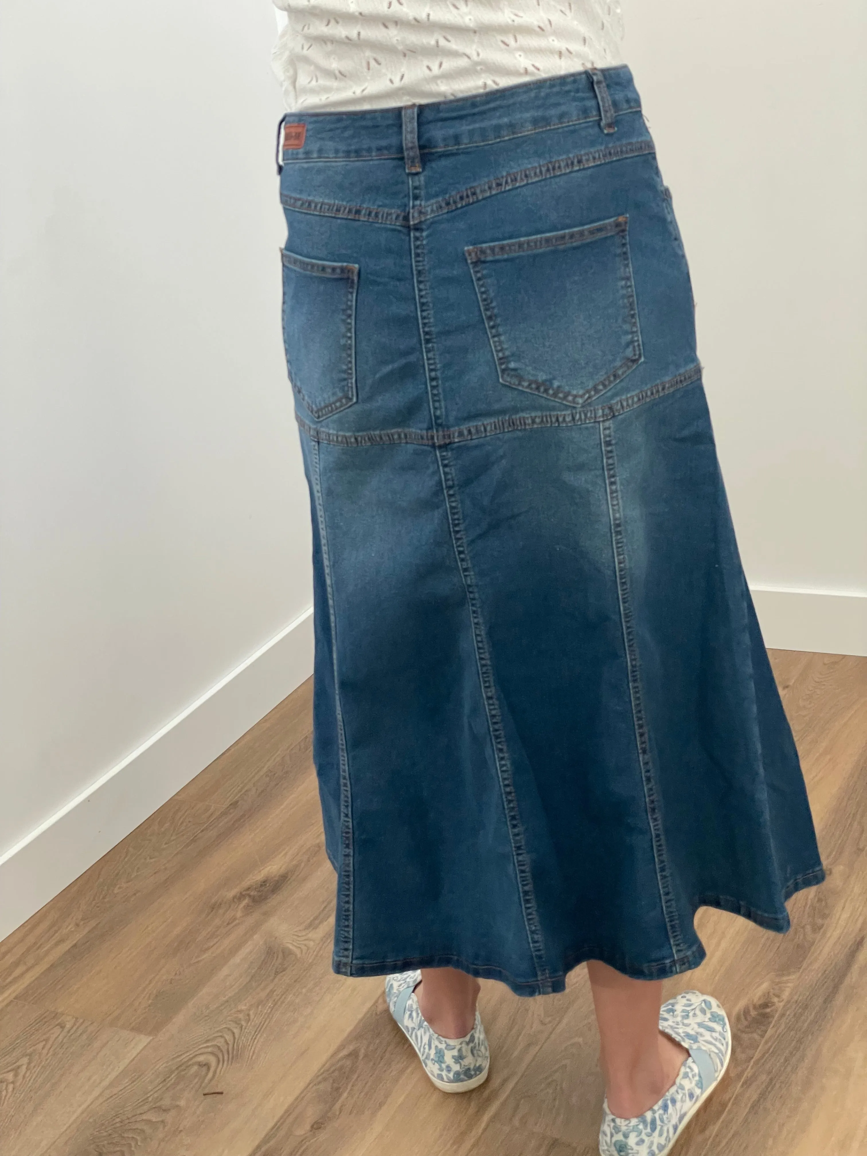 "Hailey" Indigo Calf Length A-Line Skirt