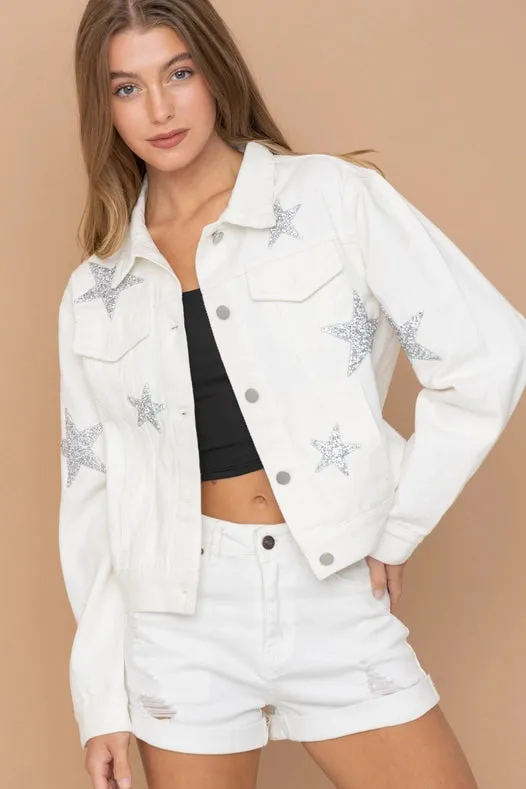 Rhinestone Stars On Denim Jacket  Off White