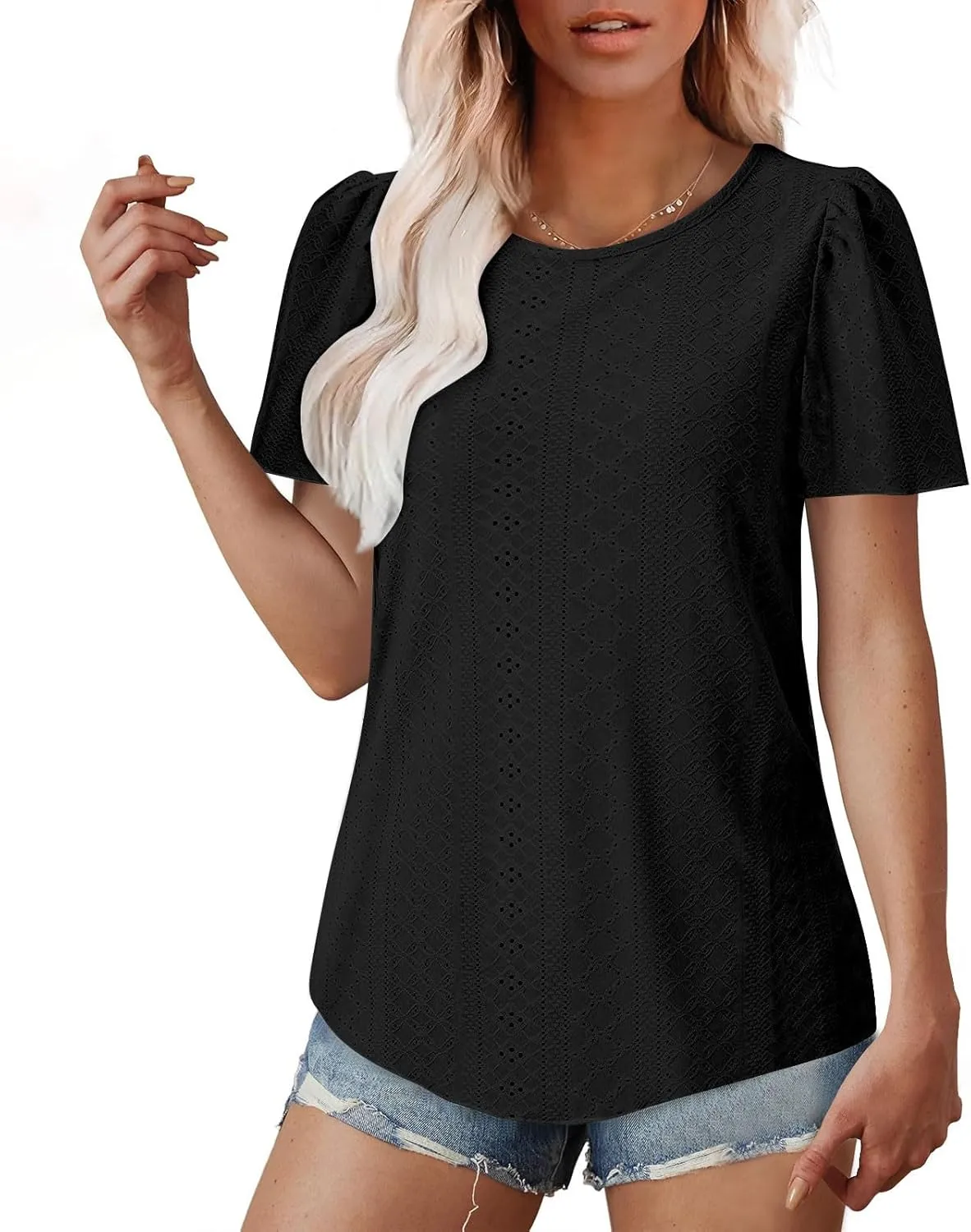 Summer Blouses for Women Short Sleeve Crewneck Fashion Eyelet Tee Tops Lightweight Loose Fit Tunic Shirt
