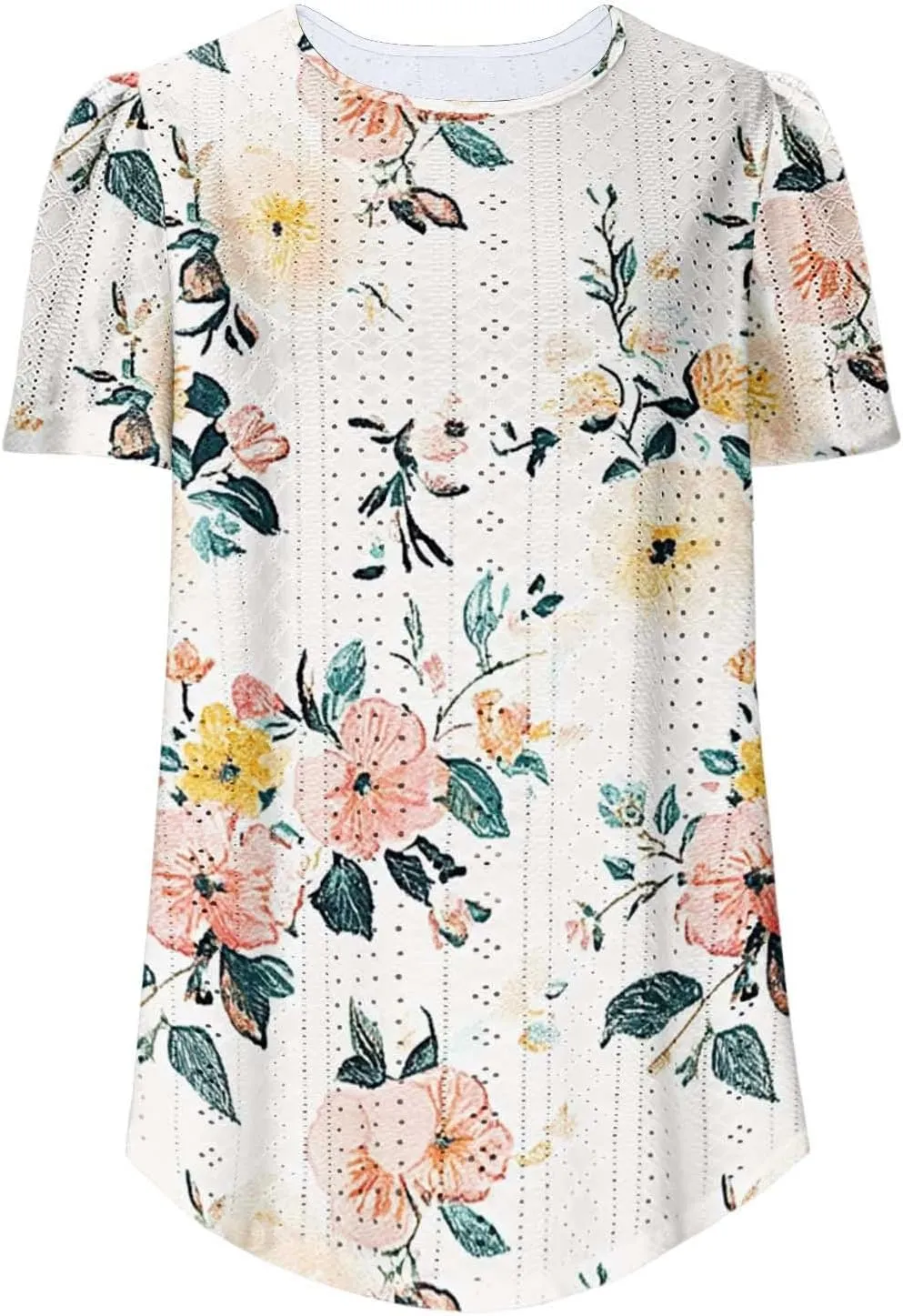 Summer Blouses for Women Short Sleeve Crewneck Fashion Eyelet Tee Tops Lightweight Loose Fit Tunic Shirt
