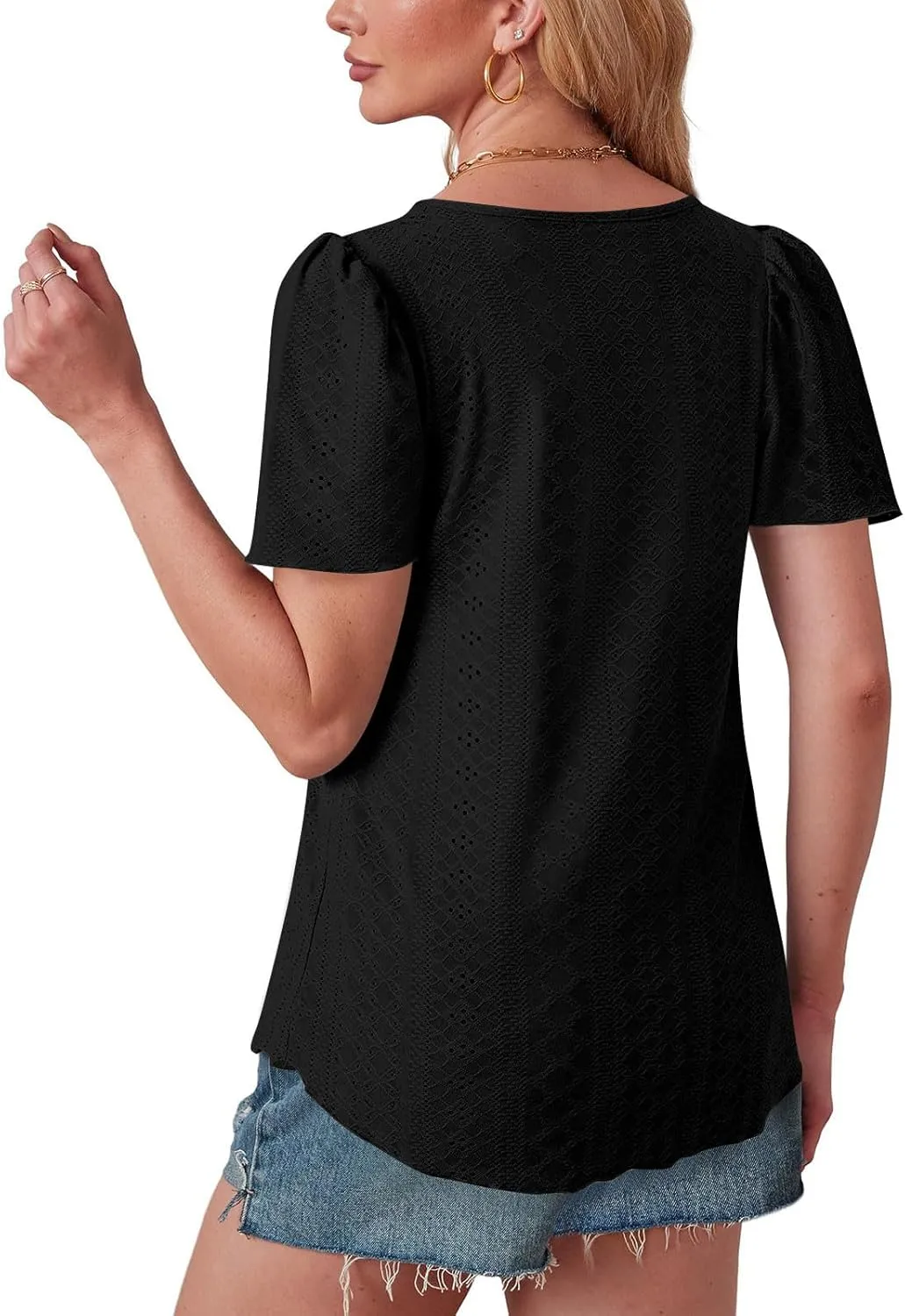 Summer Blouses for Women Short Sleeve Crewneck Fashion Eyelet Tee Tops Lightweight Loose Fit Tunic Shirt