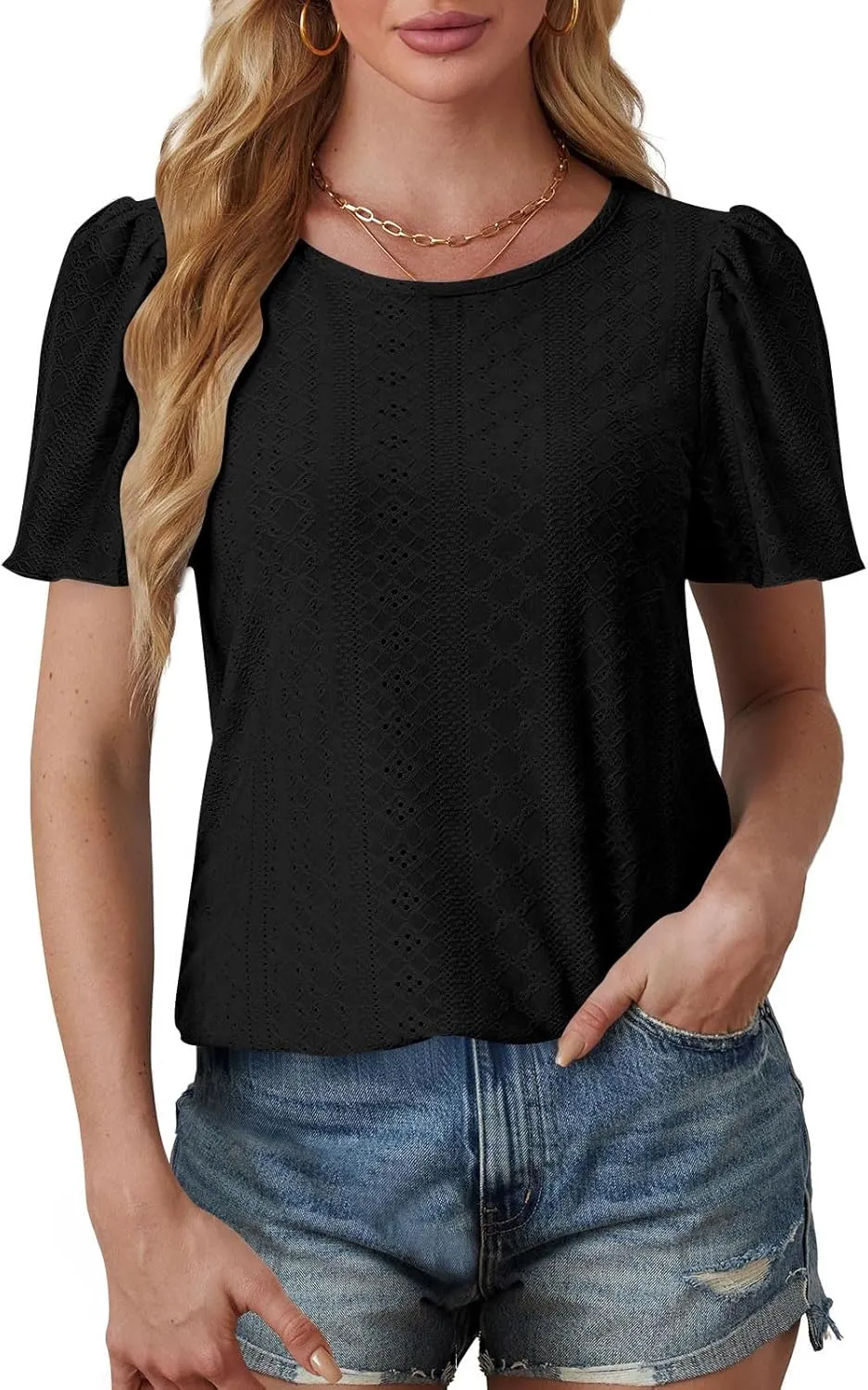 Summer Blouses for Women Short Sleeve Crewneck Fashion Eyelet Tee Tops Lightweight Loose Fit Tunic Shirt