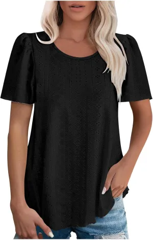 Summer Blouses for Women Short Sleeve Crewneck Fashion Eyelet Tee Tops Lightweight Loose Fit Tunic Shirt