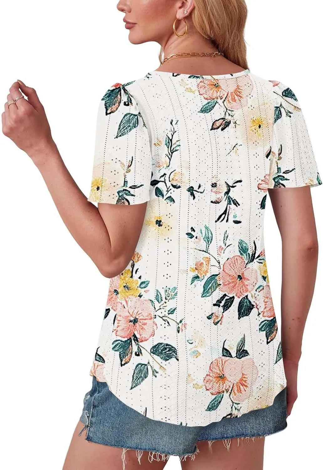 Summer Blouses for Women Short Sleeve Crewneck Fashion Eyelet Tee Tops Lightweight Loose Fit Tunic Shirt