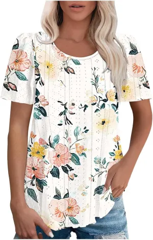 Summer Blouses for Women Short Sleeve Crewneck Fashion Eyelet Tee Tops Lightweight Loose Fit Tunic Shirt