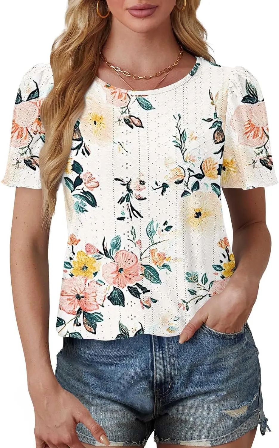 Summer Blouses for Women Short Sleeve Crewneck Fashion Eyelet Tee Tops Lightweight Loose Fit Tunic Shirt